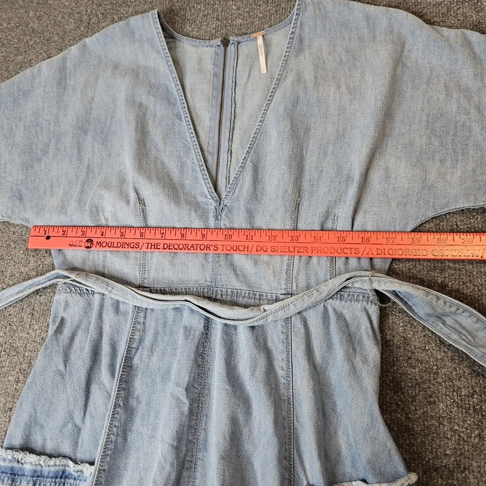 Free People Denim Asymmetrical Hem Mini Dress Size 4 Belted Dolman Sleeve Deep V